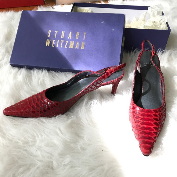 Stuart Weitzman Red Snakeskin Pointed Slingback Heel - Picture 6 of 11